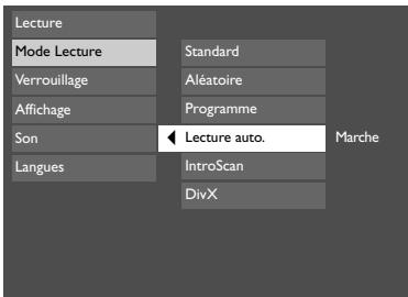 Lecture Mode Lecture Verrouillage Affichage Son Langues Standard Aléatoire Programme Lecture auto. IntroScan DivX Marche