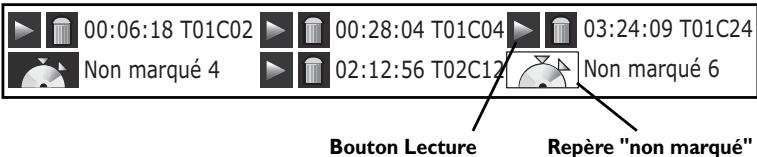 00:06:18 T01C02 Non marqué 4 00:28:04 T01C04 02:12:56 T02C12 03:24:09 T01C24 Non marqué 6 Bouton Lecture Repère "non marqué"