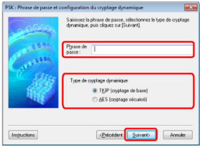 CANON MG3255 - Entrez la phrase de passer, confirmez le type de cryptage dynamique et cliquez sur Suivant. - 1