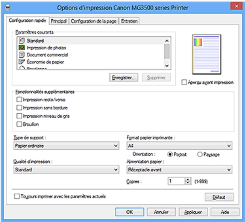 CANON MG3550 - Description de l'onglet configuration rapide - 1
