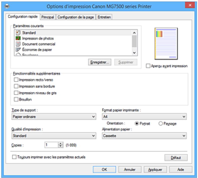 CANON PIXMA 7550 - Description de l'onglet Configuration rapide - 1