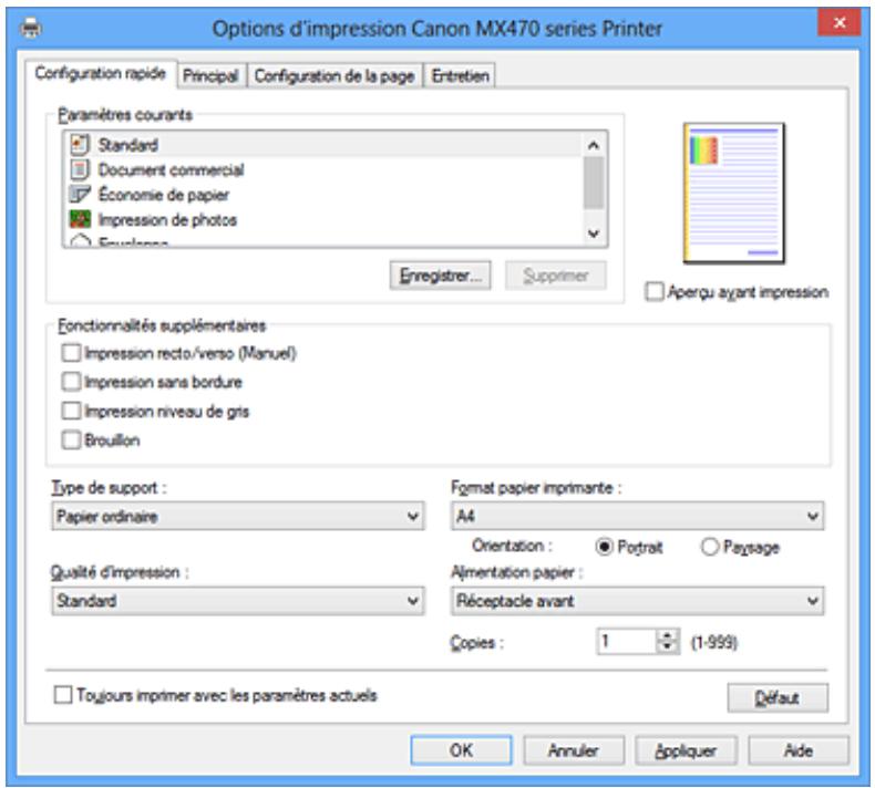 CANON PIXMA MX475 - Description de l'onglet Configuration rapide - 1