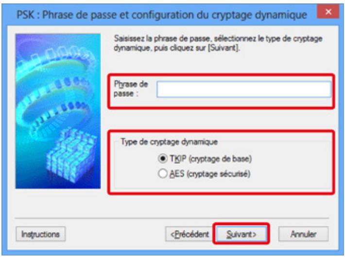 CANON PIXMA MX475 - Entre la phrase de passe, confirmez le type de cryptage dynamique et cliquez sur Suivant. - 1