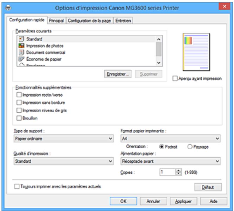 CANON MG 3650 - Description de l'onglet Configuration rapide - 1