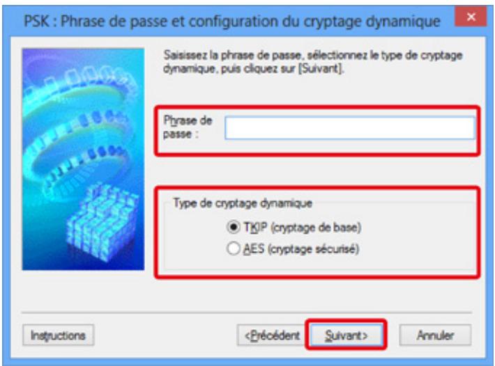 CANON MG 6850 - Entrez la phrase de passer, confirmez le type de cryptage dynamique et cliquez sur Suivant>. - 1