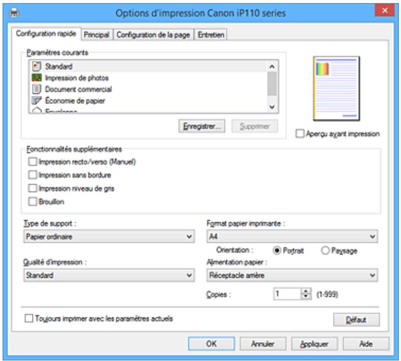 CANON PIXMA IP110 - Description de l'onglet configuration rapide - 1