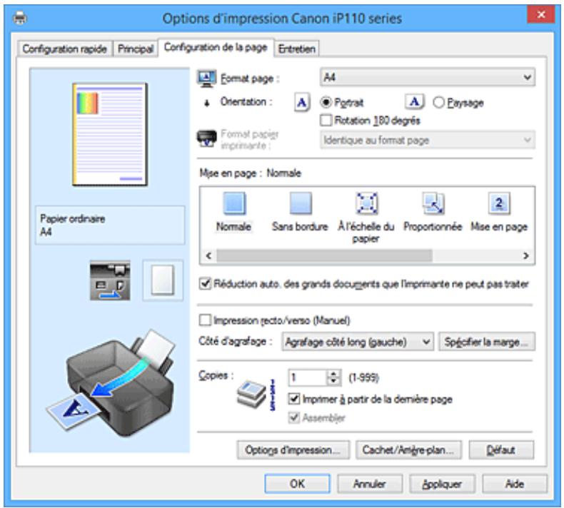 CANON PIXMA IP110 - Description de l'onglet configuration de la page - 1