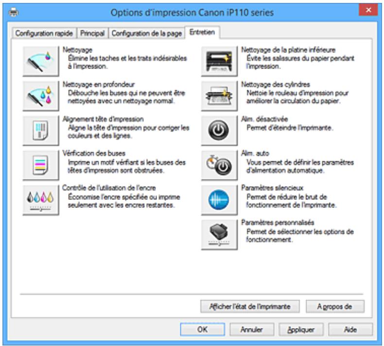 CANON PIXMA IP110 - Description de l'onglet entretien - 1