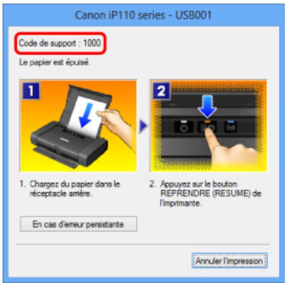 CANON PIXMA IP110 - Code de support correspondant au nombre de clignotements alternés du témoin alimentation (POWER) et du témoin alarme (alarm) - 2