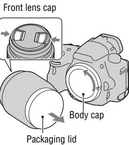 SONY A37 - Remove the body cap from the camera and the packaging lid from the rear of the lens. - 1