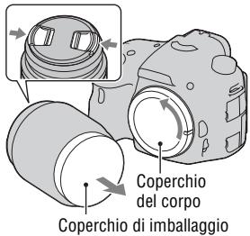 SONY SLT-A57 - Rimuovere il coperchio del corpo alla fotocamera e il coperchio di imballaggio dal retro dell'obiettivo. - 1