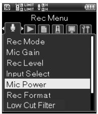 OLYMPUS LS-14 - [Menu]→[Menu enregist.]→ [Alimentation Mic] - 1