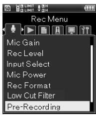 OLYMPUS LS-14 - [Menu]→[Menu enregistr.]  [Pré-enregistr.] - 1
