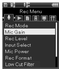 OLYMPUS LS-20M - [Menu]→[Menu enregist.]→ [Sens. mic] - 1