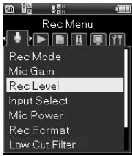 OLYMPUS LS-20M - [Menu]  [Menu enregist.]  [Niveau Rec] - 1