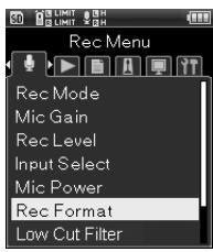 OLYMPUS LS-20M - [Menu]→[Menu enregistr.]  [Format enregistr.] - 1