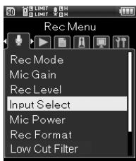 OLYMPUS LS-5 - [Menu]→[Menu enregist.]→ [Sélectionner l'entrée] - 1