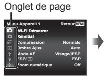 OLYMPUS STYLUS TG-4 - Appuyez sur (molette principale) pourmettre les onglets de page en surbrillance. Utilisez  (molette principale) pour selectionner la page souhaitee puis appuyez sur - 1