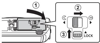 OLYMPUS STYLUS TG-4 - Suive les étapes ①, ② et ③ pour fermer le couvercle du compartment de la batterie/carte. - 1