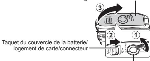 OLYMPUS TG-860 - Suivez les étapes ①, ② et ③ pour ouvrir le couvercle de la batterie/logement de carte/connecteur. - 1
