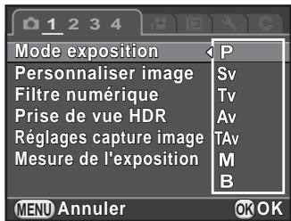 1 2 3 4 Mode exposition P Personnaliser image Sv Filtre numérique Tv Prise de vue HDR Av Réglages capture image TAv Mesure de l'exposition M B MENU Annuler OK OK