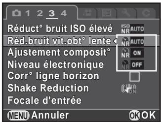 Réduct° bruit ISO élevé Réd.bruit vit.obt° lente Ajustement composite Niveau électronique Corr° ligne horizon Shake Reduction Focale d'entrée MENU Annuler OK OK