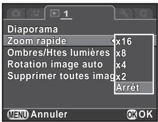 Diaporama Zoom rapide x16 Ombres/Htes lumières x8 Rotation image auto x4 Supprimer toutes image x2 Arrêt MENU Annuler OK OK