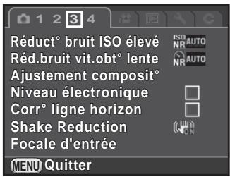 Réduct° bruit ISO élevé Réd.bruit vit.obt° lente Ajustement composite Niveau électronique Corr° ligne horizon Shake Reduction Focale d'entrée MENU Quitter