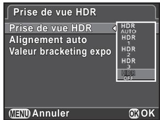 PENTAX K50 - Sélectionnez [Prise de vue HDR] dans le menu [Mode pr. de vue 1] et appuyez sur le bouton de navigation (▶). - 1