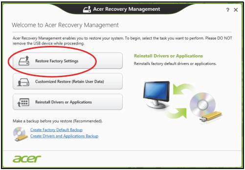 ACER TRAVELMATE P253-E-B8304G50MNKS - Click Restore Factory Settings. - 1