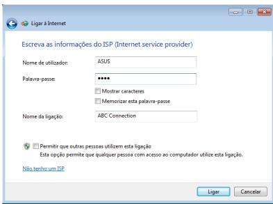 ASUS EEEBOX PC EB1033-B014E - Introduza o seu Nome de utiliser, a Palavra-passe e o Nome da ligação. Clique em Ligar. - 1