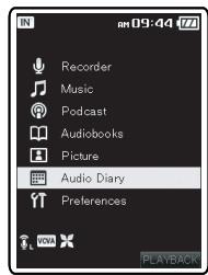 OLYMPUS DM-5 - Dans le menu [Home], selectionnez Audio Diary], puis appuyez sur la touche  OK ou  I. - 2