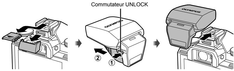 OLYMPUS OMD E-M5 - Retirez le cache de la borne du flash et fixez le flash sur l'appareil photo. - 1