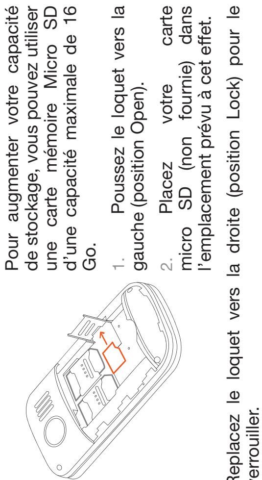 Pour augmenter votre capacité de stockage, vous pouvez utiliser une carte mémoire Micro SD d'une capacité maximale de 16 Go. 1. Poussez le loquet vers la gauche (position Open). 2. Placez votre carte micro SD (non fournie) dans l'emplacement prévu à cet effet. Replacez le loquet vers la droite (posi…