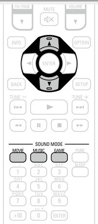 DENON AVR-3313 - Appuyez sur le bouton MOVIE, MUSIC ou GAME tout en le maintenant enforcé pour selectionner un mode d'écoute. - 2