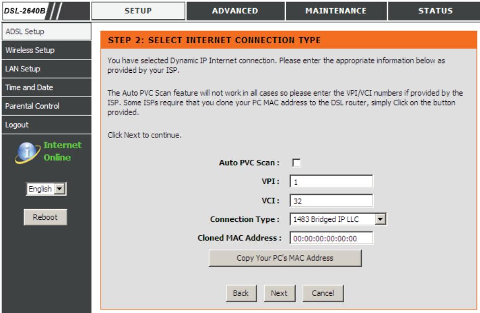 D-LINK DSL-2680 - Utilisation de l'assistant de configuration - pour connexion d'adresse IP dynamique - 1