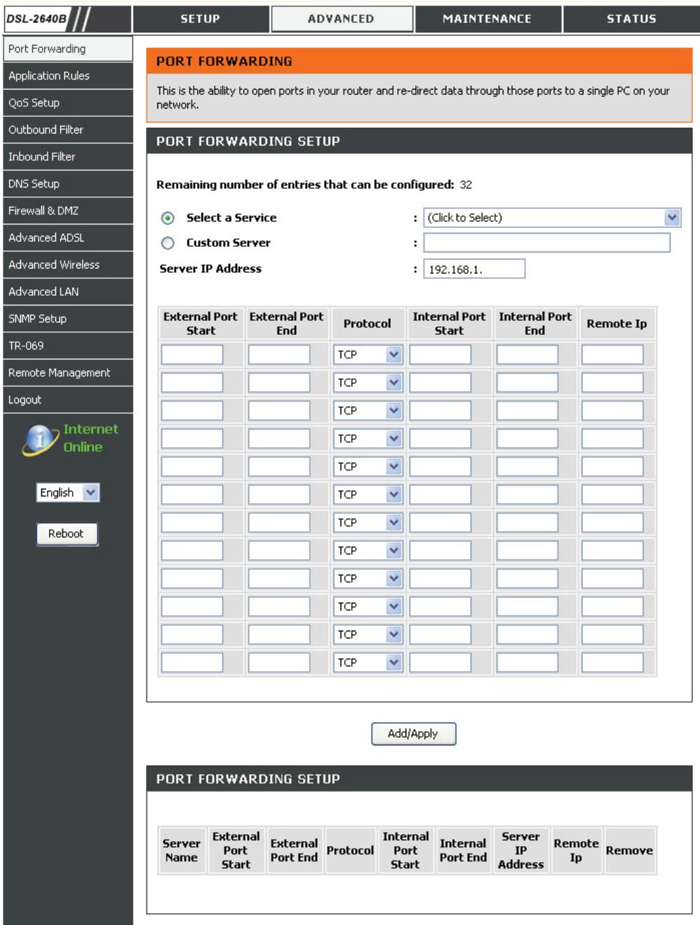 D-LINK DSL-2680 - CONFIGURATION DES RÉGLES DE REDIRECTION DE PORT - 1