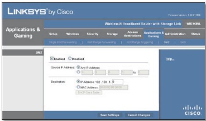 LINKSYS WRT160NL - Applications and Gaming > DMZ - 1