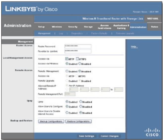 LINKSYS WRT160NL - Administration > Management - 1