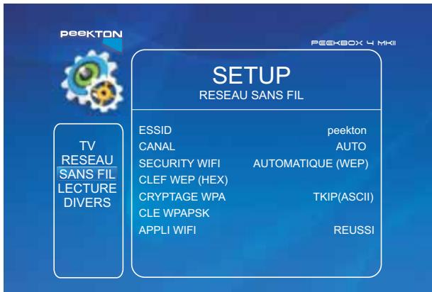 PEEKTON PEEKBOX 4 MKII - Menu SETUP - Réseau sans fil (suite) - 1