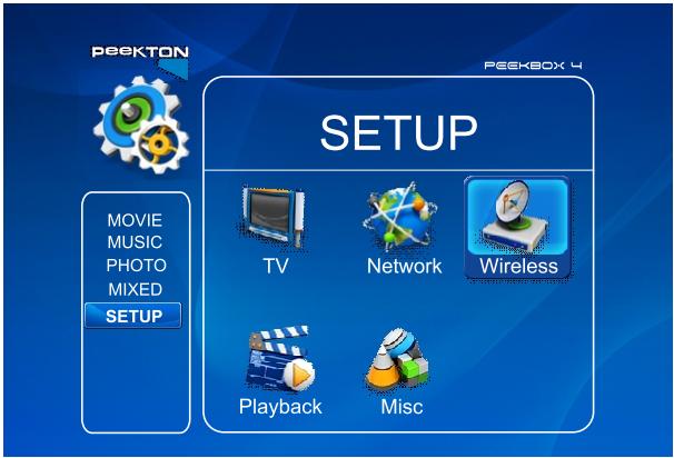 PEEKTON PEEKBOX 4 - Menu SETUP - réseau sans fil - 1