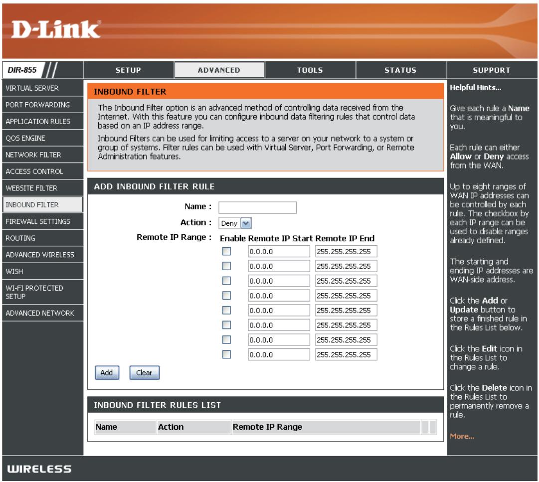 D-LINK DIR-855 - Inbound Filters (Filtres entrants) : - 1