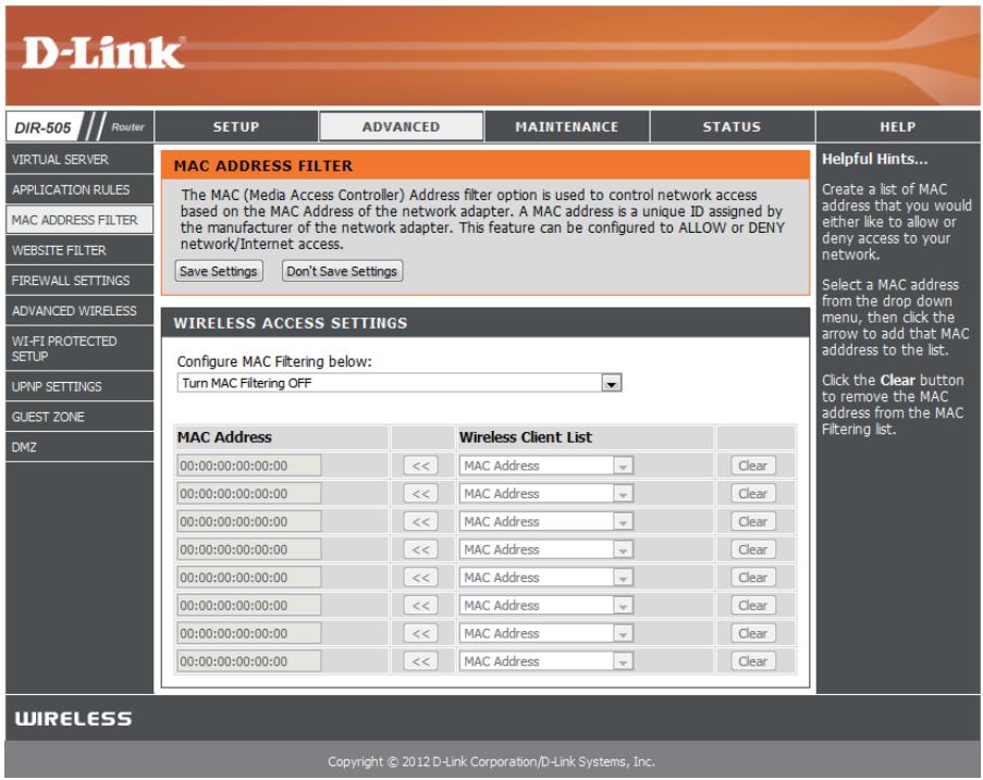 D-LINK DIR-505 - Filtre d'adresse MAC - 1