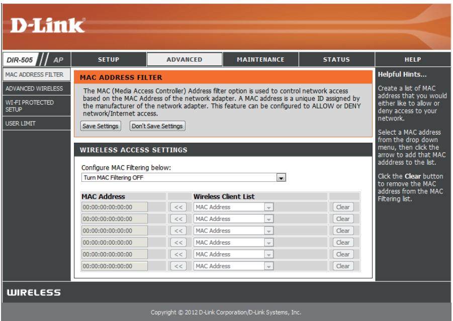D-LINK DIR-505 - Filtre d'adresse MAC - 1