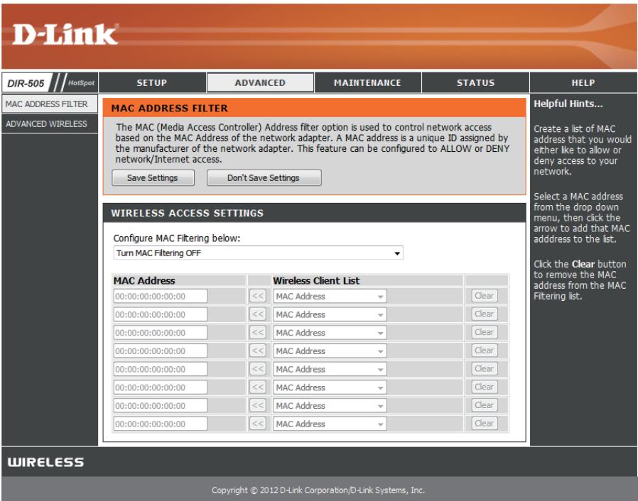 D-LINK DIR-505 - Filtre d'adresse MAC - 1