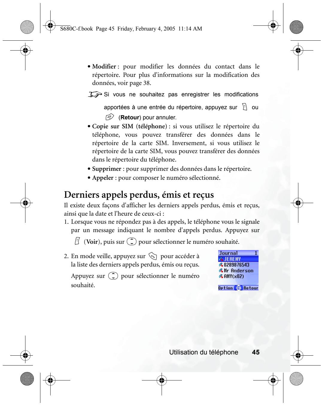 BENQ S680C - Derniers appels perdus, émis et reçus - 1