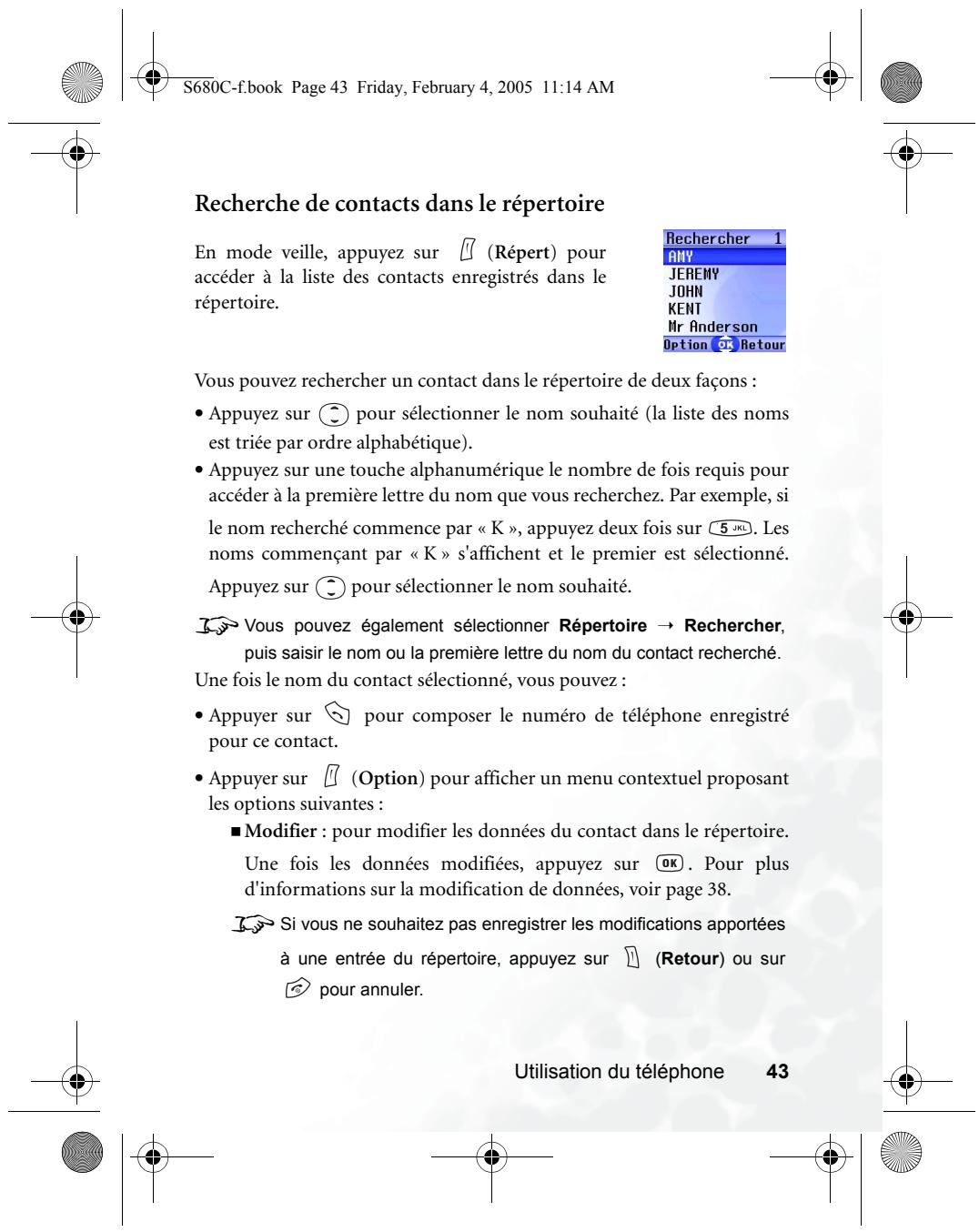 BENQ S680C - Recherche de contacts dans le repertoire - 1