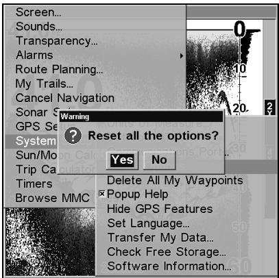 LOWRANCE LMS-332C - Réinitialisation des Options - 2