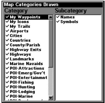 LOWRANCE LMS-332C - Sélection des Catégories de Détails Cartographiques - 1