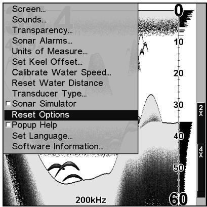 LOWRANCE X107C DF - Réinitialisation des options - 1